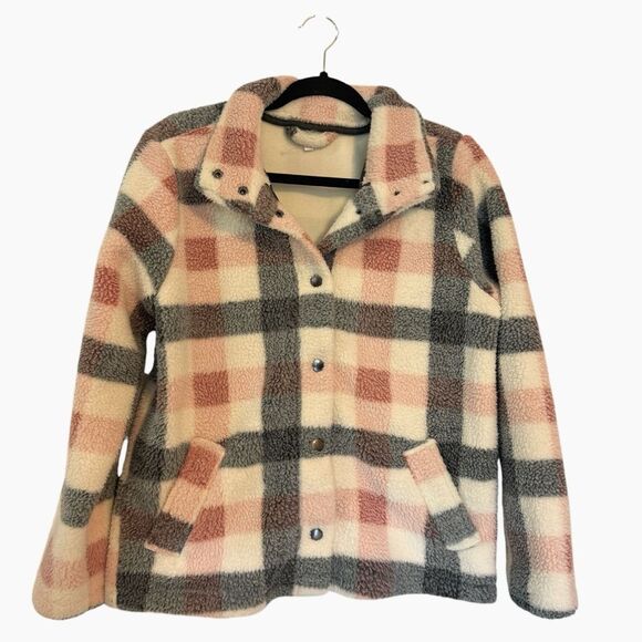 Maurices White Gray Pink Plaid Sherpa Jacket Coat, Size M - Picture 2 of 9